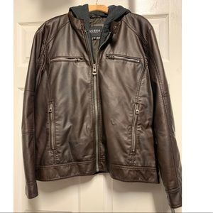 Male Brown Guess Leather Jacket with hoodie